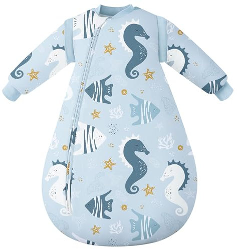 Yoofoss 3.5TOG Baby Sleeping Bag Winter Sleep Sack with Removable Long Sleeves 100% Cotton Toddler Sleeping Bag for Infant Newborn 12-18 Months Seahorses
