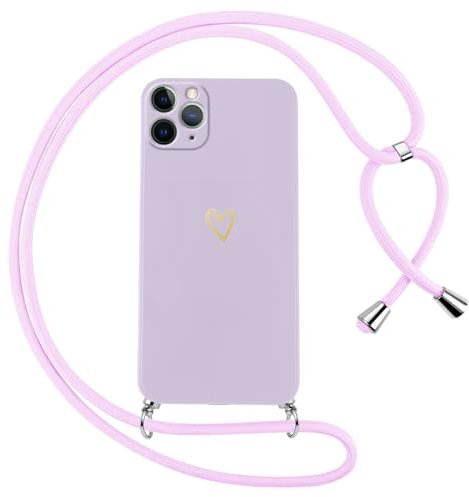 Oelrstfe Handyband für iPhone 11 Pro Hülle mit Band Herz Motiv Handyhülle für zum Umhängen Silikon Stoßfest Ultra Dünn Weich Schutzhülle mit Kordel Necklace Kette Love Muster Case,Lila