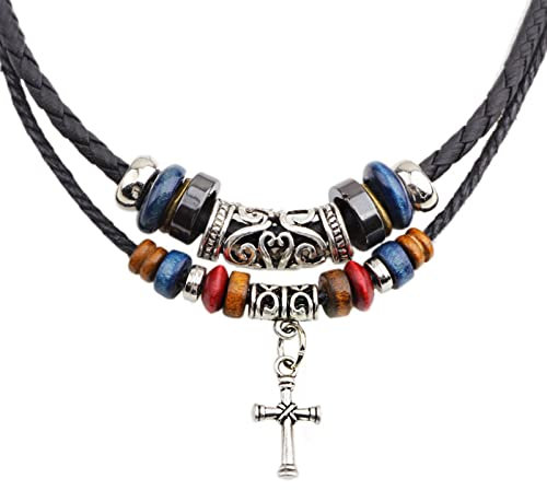 Maxtonser Leather Tribal Necklace for Women Men Vintage Bohemian Style Ethnic Wood Beads Choker Necklace for Pendant Jewelry