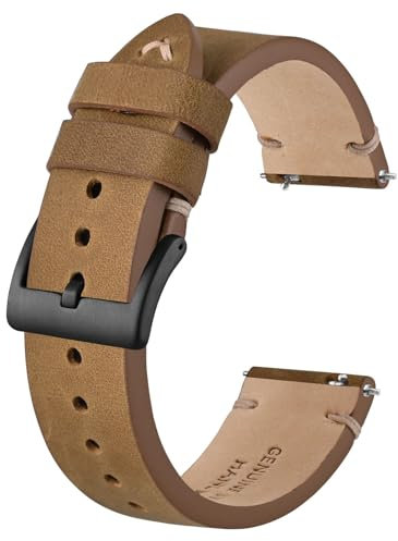 BISONSTRAP Distressed Leder Uhrenarmband, Uhren Armband für Herren, Schnellverschluss Federstege, 20mm, Hellbraun (Schwarze Schnalle)