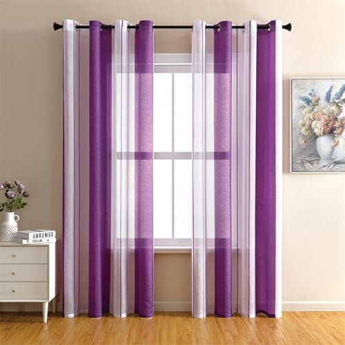 Surwin Gardinen mit Ösen, 2er Set Nordischer Zweifarbig Stil Vorhänge, Modern Transparent Vorhänge Wohnzimmer Polyester Gardinen Küche Fenster Wohnzimmer Schlafzimmer (Lila,140x245cm)