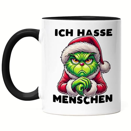 Hey!Print Ich Hasse Menschen Tasse schwarz Weihnachtsmuffel Sarkasmus Anti-Weihnachten Geschenkidee