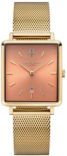 Kistanio Carre Damenuhr mit Milanaiseband Datum Edelstahl Goldfarben Peach Saphirglas CAR-GO-PE-M