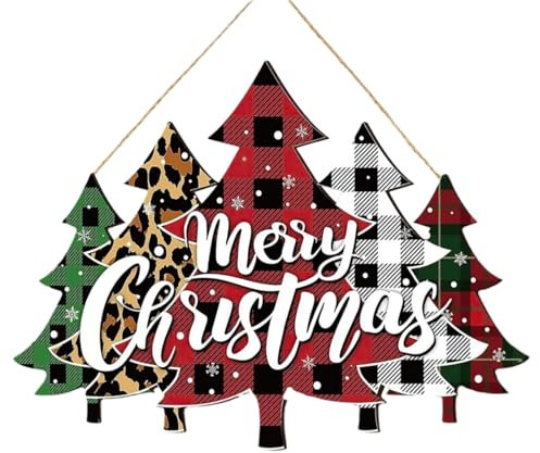 Targa da parete con albero di Natale a quadri di bufalo, 5 alberi, decorazione natalizia in legno con corda di iuta, da appendere alla porta rustica (30 x 20 cm)