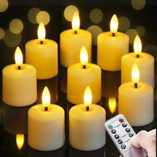 Mavandes Kleine flackernde Teelichter LED-Kerzen mit Batterien und Fernbedienung 4cm x 6,5cm Elfenbein 2/4/6/8 Std. Timerfunktion batteriebetrieben Kunststoffkerzen langlebig Packung mit 9 Stück