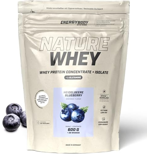 Energybody Nature Whey Isolate Heidelbeere 600 g Beutel | zucker- und fettarmes Molkenproteinpulver, ohne künstliche Verdickungsmittel, Eiweiss Shake