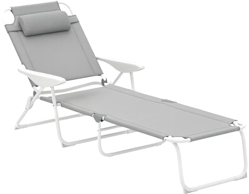 Outsunny Chaise longue pliable pour jardin extérieur avec dossier réglable appuie-tête amovible et structure en métal Charge 120 kg pour terrasse, piscine, plage, 160 x 66 x 98 cm, gris
