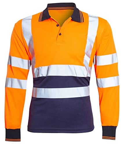 Hi Viz Long Sleeve Polo Shirts, Mens High Visibility Reflective Tape Safety Security Workwear T-Shirt Tops (Orange/Navy, X-Large)