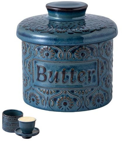 Calenxy Keramik Butterdose, Französische Butterglocke mit Deckel, 250g, Blau
