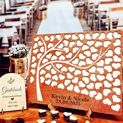 Neamon Personalisiertes Gästebuch Baum für Hochzeit Gästebuch-Alternative Geburtstag Taufe Abschluss Dekoration Holzpuzzle mit 93 Holzherzen (Sonne)