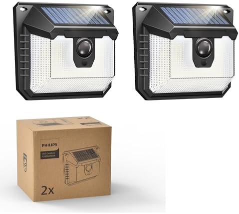 Philips Solarlampe Außen mit Bewegungsmelder, 120 LEDs Solarbetriebene Außen-Sicherheitsleuchte, 3 Modi, Wasserdichte Wandleuchte für Garten, Hof, Zaun, Garage (2 Stück)
