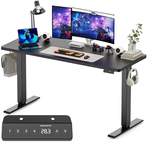 WALKINGDESK Höhenverstellbarer Schreibtisch, Elektrisch 140 x 60 cm Computertisch, Steh-Sitz Tisch Höhenverstellbar mit 4 Memory Funktion, Standing Desk mit 2 Haken, Verbindungsplatte, Schwarz