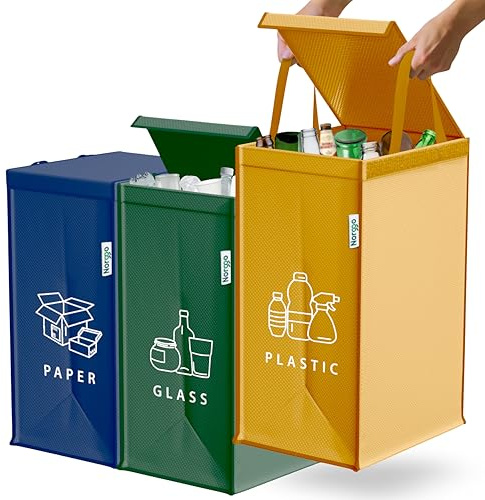 Norggo Mülltrennsystem 3fach – Set aus 3 Mülltrennsysteme für Plastik, Papier und Glas – Recycling Behälter 40L mit Griff – Abfall & Recycling Lösung – Mülltrennsystem Küche – Altpapier & Altglas