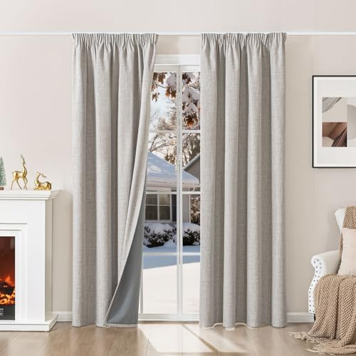 100% Verdunklungsvorhänge mit Kräuselband Leinenoptik Vorhänge Blickdicht | 220Hx140Bcm,Beigegrau,2er Set,Thermovorhänge Kälteschutz Gardinen für Schienen,Wohnzimmer,Schlafzimmer
