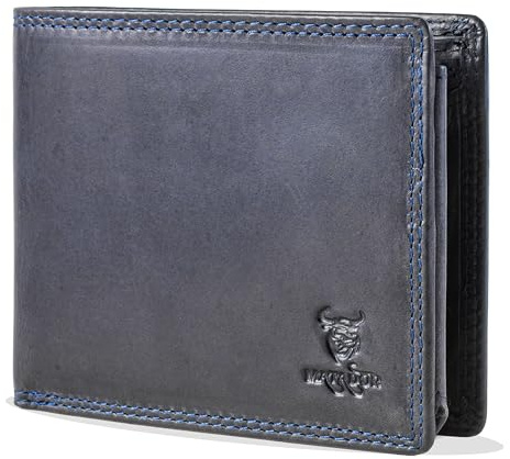 MATADOR Leder Portmonee Herren #Oviedo mit edler Geschenk Box, Elegante RFID Geldbörse, Luxus Portemonnaie Herren Karten Viele Kartenfächer in Blau Navy