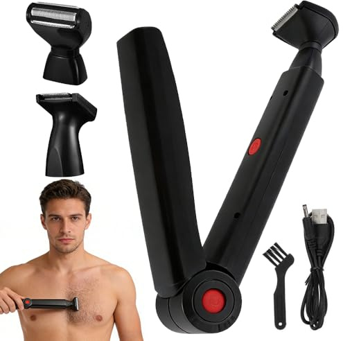 Rasoir Électrique pour Le Dos Homme, USB Tondeuse Corps Homme avec 2 Têtes de Rasage Amovibles et Poignée Ergonomique, Rasoir Pliable pour le Dos, le Torse et les Épaules