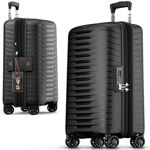 Stratic NOVIUM Hartschalenkoffer – Trolley mit 4 Rollen, TSA-Zahlenschloss, erweiterbar, aus Polypropylen, Innenfutter aus recyceltem PET, ohne Fronttasche,Größe S, Black
