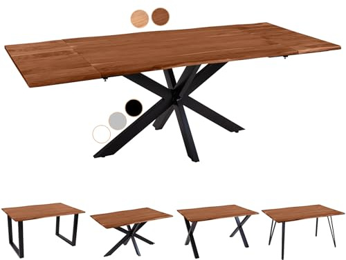 SAM Baumkantentisch 160 (260) x 90 cm Avino, Akazienholz nussbaumfarben & massiv, Esszimmertisch mit 2 Ansteckplatten, Schwarzes Spider-Metallgestell, Esstisch ausziehbar 6-8 Personen