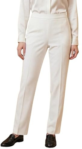 Ladies Trousers Half Elasticated Waist Women Straight Leg Pants Pull On Stretch Work Office Formal Casual Bottom with Pockets Lightweight Smart Trouser