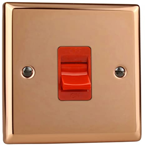Varilight 45A Cooker Switch (Single Plate, Red Rocker) Polished Copper