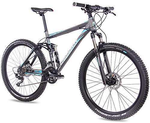 CHRISSON 27,5 Zoll Mountainbike Fully - Hitter FSF grau blau - Vollfederung Mountain Bike mit 30 Gang Shimano Deore Kettenschaltung - MTB Fahrrad für Herren und Damen mit Rock Shox Federgabel