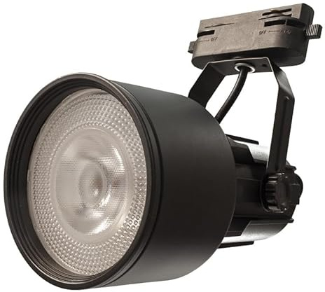 Foco proyector LED para carril monofásico casquillo E27 orientable, color negro, lámpara LED PAR30 12 W, luz 6500 K orientada ángulo 38°, iluminación para museo, cuadro, tienda, escaparate, oficina