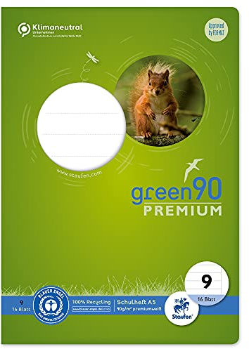 Staufen Green Schulheft - DIN A5, Lineatur 9 (10mm liniert mit Rand), 16 Blatt, 90g/m² Recyclingpapier, runde Ecken verhindern „Eselsohren“, 3 verschiedene Motive (keine Auswahl möglich), 1 Stück