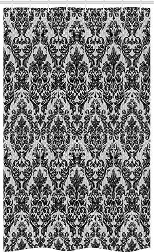 ABAKUHAUS Barock Schmaler Duschvorhang, Vintage Spitze Blumen Art, Badezimmer Deko Set aus Stoff mit Haken, 120 x 180 cm, Schwarz Weiß