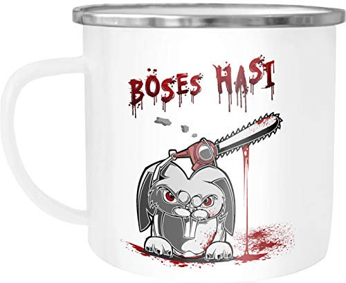 Moonworks Emaille-Tasse Becher Spruch böses Hasi Kettensäge Motiv Horror Kaffeetasse weiß-metall Emailletasse