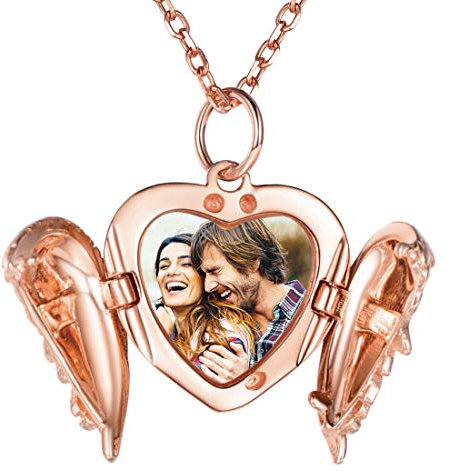 SILVERCUTE Damen personalisiert Foto Gravur Anhänger 925er Silber Engelsflügel Herz Medaillon zum Öffnen Rosegold vergoldet Bilder Amulett Fotokette Schmuck für Valentinstag
