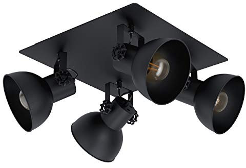 EGLO Deckenlampe Barnstaple 1, 4 flammige Deckenleuchte Vintage, Industrial, Retro, Deckenstrahler aus Stahl, Wohnzimmerlampe in Schwarz, Küchenlampe, Spots mit E27 Fassung