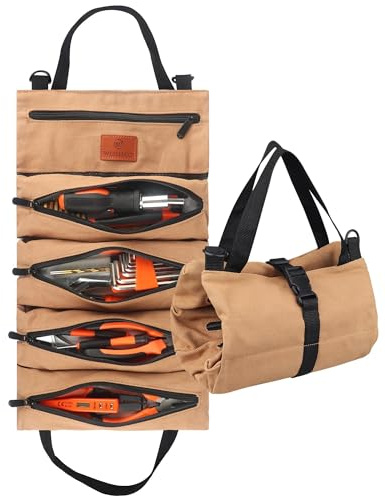 Wessleco Werkzeugrollen-Organizer, Rolltasche mit 5 Reißverschlusstaschen, Segeltuch-Werkzeugrolle, 473 ml, Canvas-Schraubenschlüssel, Werkzeug-Organizer für Elektriker (Khaki)