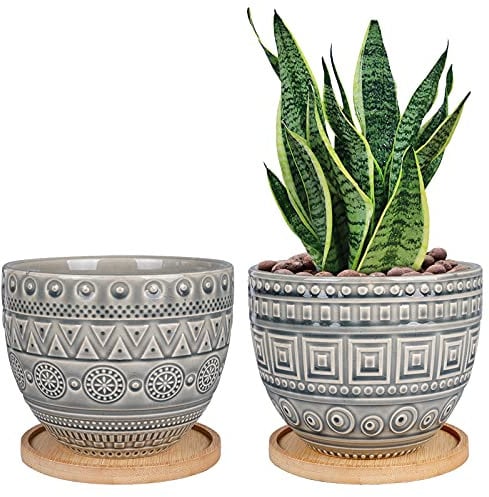 G EPGardening Retro Grau Sukkulenten Pflanzgefäße Indoor Keramik Geometrie Muster Blumentöpfe Set von 2 Stück mit Bambus Tablett