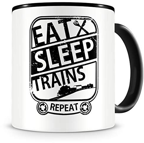 Samunshi® Eisenbahn Tasse mit Spruch Eat Sleep Trains Repeat Geschenk für Eisenbahner Kaffeetasse groß Lustige Tassen zum Geburtstag schwarz 300ml