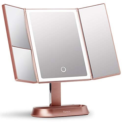 Fancii Large Makeup Mirror with Natural LED Lights, Lighted Trifold Vanity Mirror with 5x & 7x Magnifications - Dimmable Lights, Touch Screen, Cosmetic Stand - Sora (Rose Gold)