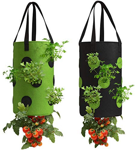 2 Stück schwarz und grün kopfüber Tomaten & Kräuter Pflanzgefäß, hängende langlebige Belüftung Stoff Erdbeere Pflanztaschen
