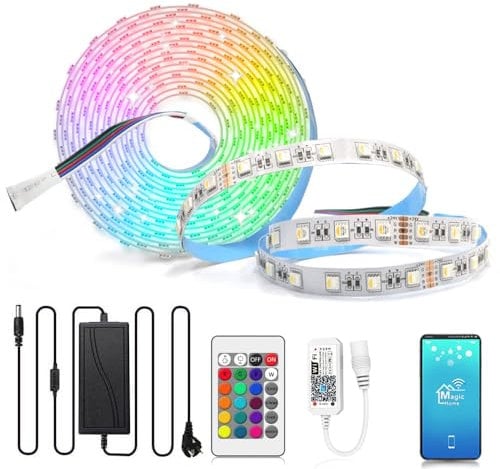 Arotelicht 24V WIFI LED Streifen RGBW 5m LED strip dimmbar warmweiß 300 LEDs 5050 Lichterkette DIY Lichterband mit Controller Fernbedienung und Netzteil für Innen Deko Kücke Wohnzimmer