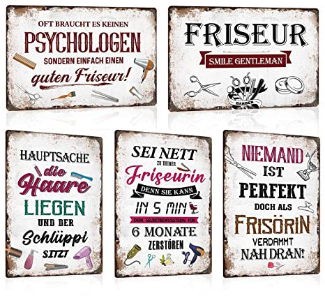 5er Set Vintage Blechschild Friseur Lustig Sprüche - Retro Metallschild Barber Shop mit Witziger Spruch - Shaaby Chic Friseursalon Schild Wandschild Wanddekoration Geschenk 20x30cm