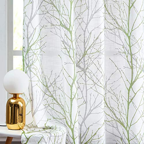 FMFUNCTEX Grün Grau Voile Vorhänge Transparente Leinen Gardinen mit Ösen für Wohnzimmer Zweige Muster Halbtransparente Modern Ösenschal Dekoschal für Schlafzimmer 2er Set, 245 x 127 cm (H x B)