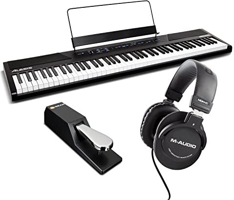 Alesis Recital con pedal de sustain SP-2 y auriculares de estudio HDH40 - Teclado de Piano Digital Eléctrico con 88 Teclas Semipesadas de Tamaño Completo, pedal de piano y auriculares