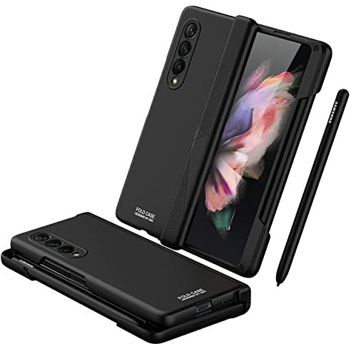 COQUE Galaxy Z Fold 3,Étui Tout Compris Pliable à charnière avec Stylo capacitif, Fente pour Stylo, de téléphone Pliable pour Samsung Galaxy Z Fold 3 5G-Le Noir
