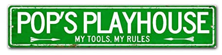 Wooden Signs Pop's Playhouse My Tools My Rules Rustic Wood Sign Plaque Garage Man Cave Wall Decor Wood Plank Design Hanging Sign for Home Office Desk Decor Custom Wooden Sign 4x18in