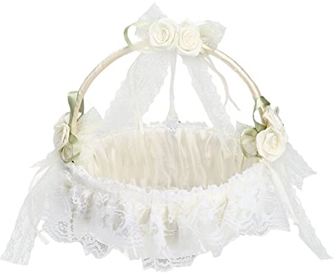Flower Girl Basket, Lace Bamboo Hamper, Wedding Petal Basket, White, 22cm