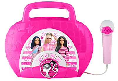 eKids Barbie Sing Along Boombox with Microphone, Built in Music, Flashing Lights, Real Working Mic for Kids Karaoke Machine, Connects Mp3 Player Aux in Audio Device