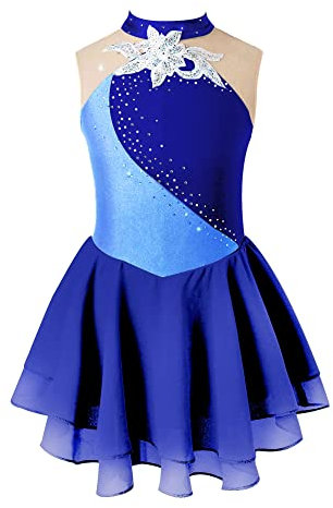 iEFiEL Mädchen Eiskunstlauf Kleid Glitzer Ballettkleid Ärmellos Ballettanzug Ballett Trikot Body mit Strass Wettbewerb Kostüm Gymnastikanzug Yb Navy Blau 134-140