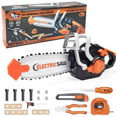 Pairez Toys Tronçonneuse jouet pour enfants, lot de 19 outils de jeu, tronçonneuse électrique avec sons réalistes, cadeaux d'anniversaire pour garçons et filles âge 3, 4, 5+, PT101