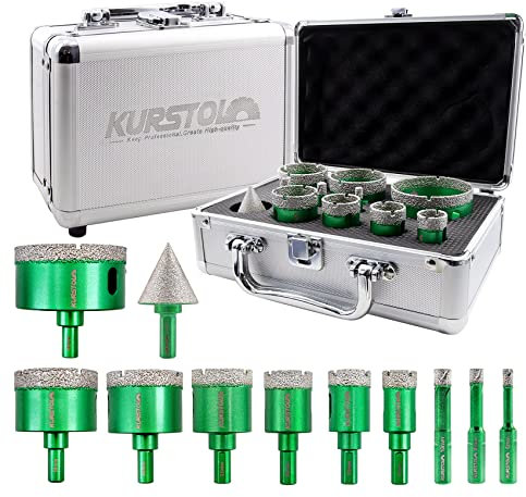 KURSTOL Forets Diamant Carrelage - 10 Pièces 6/8/10/20/25/28/35/45/50/65mm Trépan Diamant Tige Triangulaire+35mm Foret Chanfrein pour Céramique,Porcelaine, Carrelage, Granit, Marbre