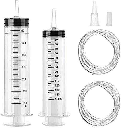 Large Syringe, 150ml+350ml Reusable Liquid Syringe with 2pcs 1m Catheter, Plastic Measuring Tools Oil or Glue Applicator for Laboratory, Industry, Garden, Pet Feeding (150ml+350ml)