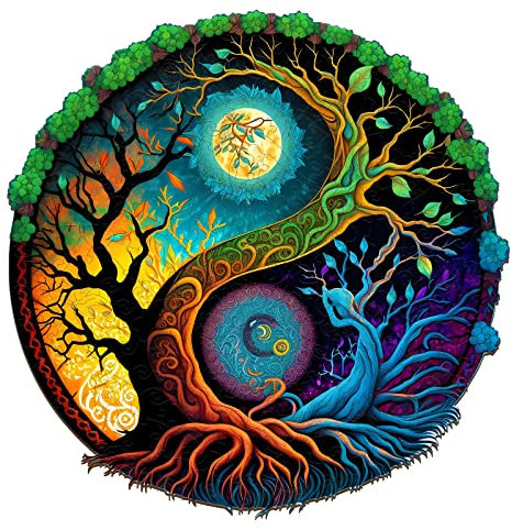 Funnli Holzpuzzles für Erwachsene und Kinder,Yin und Yang Muster Pflanze Holz-Puzzle (Yin-Yang-Bäume-3), Einzigartige Chinesisches Kung Fu Puzzlespiele (M-11.8 * 11.8in -200 Stücks)