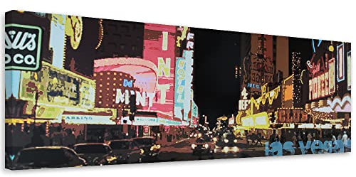 Feeby Bilder 90x30 cm Las Vegas USA 1 tlg Modern Vlies Wandbilder Leinwandbilder Bild auf Leinwand Kunstdruck Wand Wanddeko Design Flur Büro Küche Wohnzimmer Stadt Leuchtreklamen mehrfarbig